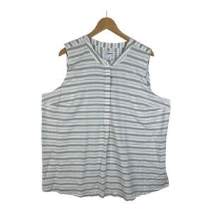 Liz Claiborne Blouse Women's White Gray Striped Crew‎ Neck Sleeveless Top 1X